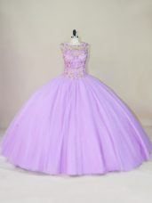 Sleeveless Tulle Floor Length Lace Up Quinceanera Dresses in Lavender with Beading