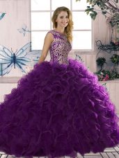 Purple Quinceanera Dresses Military Ball and Sweet 16 and Quinceanera with Beading and Ruffles Scoop Sleeveless Lace Up