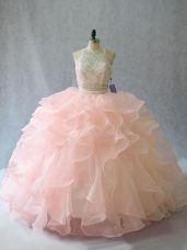 Peach Sweet 16 Dresses Organza Brush Train Sleeveless Beading and Ruffles