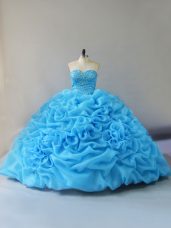 Baby Blue Lace Up Sweetheart Beading and Pick Ups and Hand Made Flower Quinceanera Gowns Organza Sleeveless Court Train