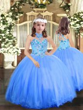 Cute Blue Lace Up Halter Top Appliques High School Pageant Dress Tulle Sleeveless