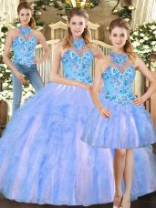 Multi-color Tulle Lace Up Halter Top Sleeveless Floor Length Sweet 16 Dress Embroidery