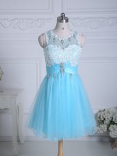 Suitable Lace and Appliques Dress for Prom Aqua Blue Zipper Sleeveless Mini Length
