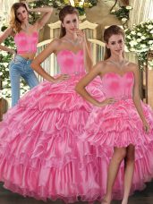 Luxurious Rose Pink Organza Lace Up 15 Quinceanera Dress Sleeveless Floor Length Ruffled Layers and Pick Ups
