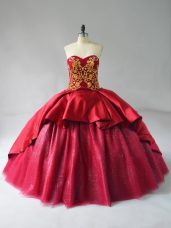 Wine Red Sweetheart Lace Up Beading and Embroidery Quinceanera Gown Court Train Sleeveless