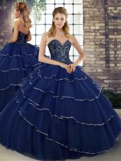 New Arrival Sweetheart Sleeveless Brush Train Lace Up 15 Quinceanera Dress Navy Blue Tulle