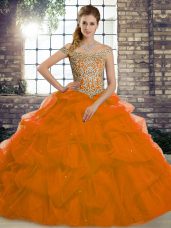 Fashion Rust Red Tulle Lace Up 15th Birthday Dress Sleeveless Brush Train Beading and Pick Ups