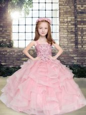 Excellent Pink Tulle Lace Up Little Girls Pageant Dress Sleeveless Floor Length Beading and Ruffles