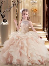 Pink Lace Up Little Girl Pageant Dress Beading Sleeveless Floor Length Brush Train