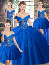 Luxury Royal Blue Tulle Lace Up Off The Shoulder Sleeveless Quinceanera Dress Brush Train Beading and Pick Ups