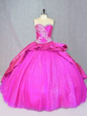 Lace Up Quince Ball Gowns Hot Pink for Sweet 16 and Quinceanera with Beading and Embroidery Court Train
