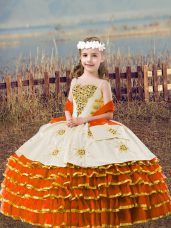 Orange Red Ball Gowns Straps Sleeveless Organza Floor Length Lace Up Beading and Embroidery and Ruffled Layers Little Girls Pageant Dress