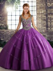 Stunning Purple Straps Lace Up Beading and Appliques Sweet 16 Dresses Sleeveless