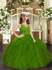 Olive Green Ball Gowns Tulle Straps Sleeveless Ruffles Floor Length Zipper Little Girls Pageant Dress Wholesale