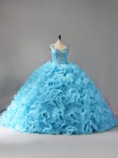 Clearance Ball Gowns Sleeveless Baby Blue Quinceanera Dress Court Train Zipper