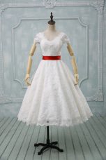 Unique Short Sleeves Tea Length Lace and Belt Zipper Wedding Gowns with White