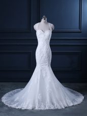 Straps Sleeveless Wedding Gowns Brush Train Beading and Lace White Tulle