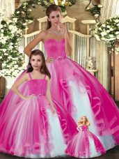 Hot Pink Sleeveless Tulle Lace Up Ball Gown Prom Dress for Sweet 16 and Quinceanera