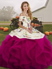 Fuchsia Off The Shoulder Lace Up Embroidery and Ruffles Sweet 16 Dresses Sleeveless
