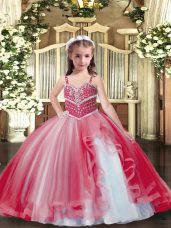 Tulle Straps Sleeveless Lace Up Beading Little Girls Pageant Dress in Red