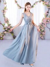 Grey Sleeveless Belt Floor Length Vestidos de Damas