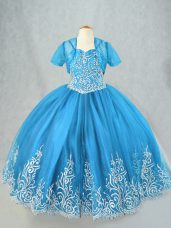 Baby Blue Tulle Lace Up Little Girls Pageant Dress Sleeveless Floor Length Beading and Embroidery