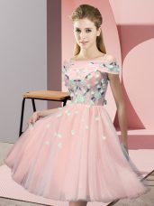 Glittering Tulle Short Sleeves Knee Length Vestidos de Damas and Appliques