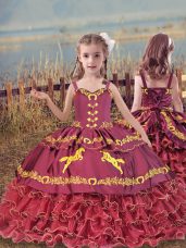Fancy Wine Red Sleeveless Floor Length Beading and Embroidery and Ruffled Layers Lace Up Little Girls Pageant Dress Wholesale