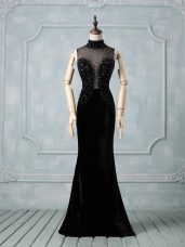Low Price Sleeveless Elastic Woven Satin Brush Train Zipper Dress for Prom in Black with Beading