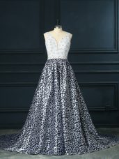 V-neck Sleeveless Printed Prom Dress Beading Brush Train Backless