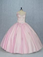 Free and Easy Beading and Appliques Quince Ball Gowns Baby Pink Backless Sleeveless Floor Length