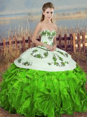 Fashionable Green Ball Gowns Embroidery and Ruffles and Bowknot Quinceanera Gowns Lace Up Organza Sleeveless Floor Length