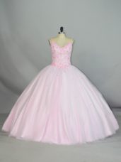 Beauteous Baby Pink Lace Up Straps Beading and Lace Quinceanera Gown Tulle Sleeveless