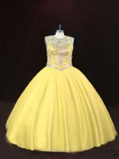 Ball Gowns Sweet 16 Dress Gold Scoop Tulle Sleeveless Floor Length Lace Up