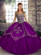 Chic Purple Ball Gowns Tulle Straps Sleeveless Beading and Embroidery Floor Length Lace Up Sweet 16 Dress