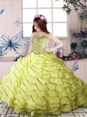 Beading and Ruffled Layers Little Girls Pageant Gowns Yellow Green Zipper Sleeveless