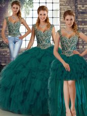Affordable Peacock Green Three Pieces Organza Straps Sleeveless Beading and Ruffles Floor Length Lace Up Sweet 16 Dresses