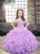 Lavender Ball Gowns Beading and Ruffles Pageant Dress for Teens Lace Up Tulle Sleeveless Floor Length