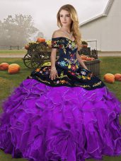 Best Selling Floor Length Black And Purple Sweet 16 Quinceanera Dress Off The Shoulder Sleeveless Lace Up