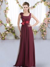 Burgundy Quinceanera Court of Honor Dress Wedding Party with Belt and Hand Made Flower Straps Sleeveless Zipper