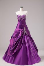 Lovely Eggplant Purple A-line Embroidery Quince Ball Gowns Lace Up Organza Sleeveless Floor Length