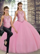 Noble Two Pieces Quinceanera Gown Pink Scoop Tulle Sleeveless Floor Length Lace Up