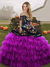 Customized Black And Purple Sleeveless Floor Length Embroidery and Ruffled Layers Lace Up Sweet 16 Dress