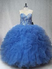 Sweetheart Sleeveless Quince Ball Gowns Floor Length Beading and Ruffles Blue Tulle