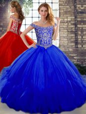 Glamorous Sleeveless Tulle Floor Length Lace Up Vestidos de Quinceanera in Royal Blue with Beading and Ruffles