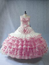 Pink And White Sweetheart Neckline Embroidery and Ruffled Layers and Bowknot Quinceanera Dresses Sleeveless Lace Up