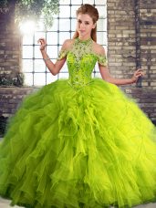 Sleeveless Tulle Floor Length Lace Up 15th Birthday Dress in Olive Green with Beading and Ruffles