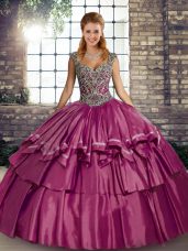 Fuchsia Taffeta Lace Up Straps Sleeveless Floor Length Quinceanera Dress Beading and Ruffled Layers