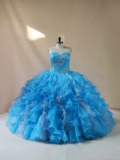 Baby Blue Lace Up Quinceanera Dresses Beading and Ruffles Sleeveless Floor Length