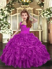 Lovely Fuchsia Sleeveless Floor Length Ruffles and Ruching Lace Up Child Pageant Dress